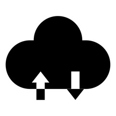 Cloud computing icon showing upload and download arrows. Vector symbol for data storage, synchronization, file transfer, online backup, digital network, and technology concept.