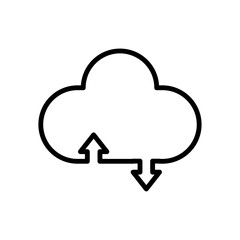Cloud computing icon showing upload and download arrows. Vector symbol for data storage, synchronization, file transfer, online backup, digital network, and technology concept.