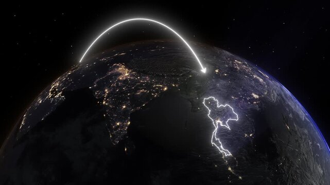 Realistic 3D Earth Night Flight Path Arc from Prague Czech Republic to Bangkok Thailand