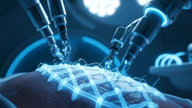 Advanced robotic surgical arms performing intricate procedure with digital assistance and mesh integration