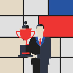 Man in Suit Holding Trophy, Abstract Background