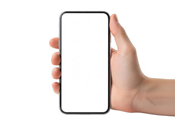 Close up of a human hand holding a modern smartphone with a blank screen isolated on transparent background