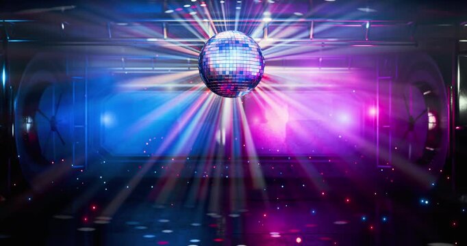 Disco style. Bright lights. Looping 3D animation of a rotating disco ball. Retro disco animation. VJ loop. Dance music. Intro for a music track. Smooth rotation of the disco ball with reflections.