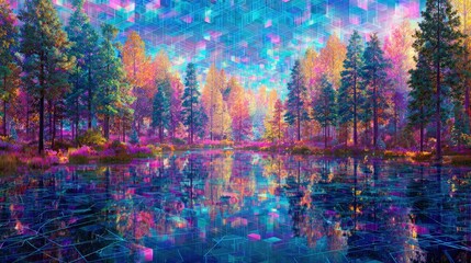 A vibrant, surreal landscape featuring colorful foliage, reflective water, and a geometric sky, creating a dreamlike atmosphere.