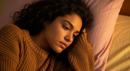 young woman's contemplative repose in bed, seeking comfort and stillness