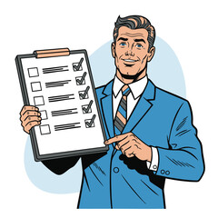 Confident professional man presenting a fully completed checklist on a clipboard, symbolizing successful task accomplishment and business goal achievement