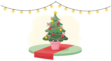 Minimalist Christmas Tree Decorated with Ornaments and String Lights on Stage