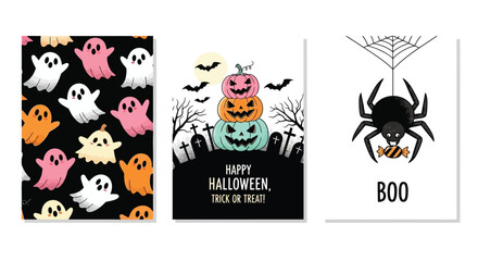 Set of Halloween illustrations with cute ghosts, pumpkins and a spider in cartoon style