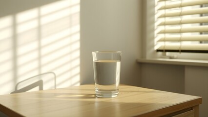 A refreshing glass of clear water on a light wooden table, bathed in soft morning sunlight through window blinds, casting serene shadow patterns for peaceful hydration