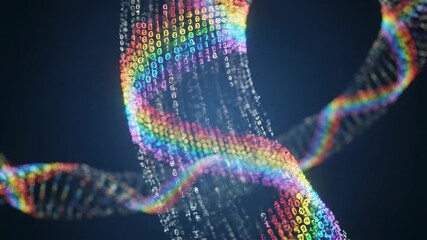 Digital data stream flowing in a vibrant rainbow spectrum forming abstract helix structures against a dark blue background - Powered by Adobe
