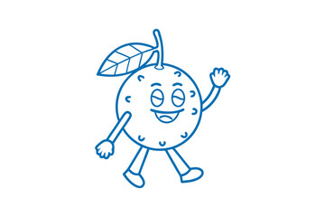 Happy citrus fruit with sleepy eyes and a leaf cheerfully walks forward