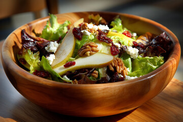 Autumn salad in a wooden bowl: mixed greens, sliced pears, cranberries, toasted pecans, goat cheese crumbles, bright window light