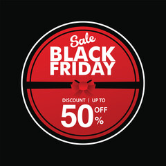 Black friday sale announcement featuring a bold red circular design with 50 percent discount offer