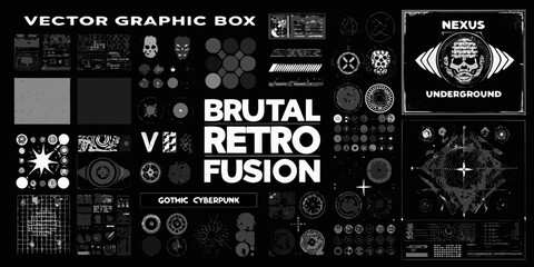 Brutal retro fusion vector graphic box with gothic cyberpunk elements and nexus underground design © SreemotiRaba