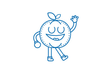 Happy blue orange fruit character winks and waves on white background