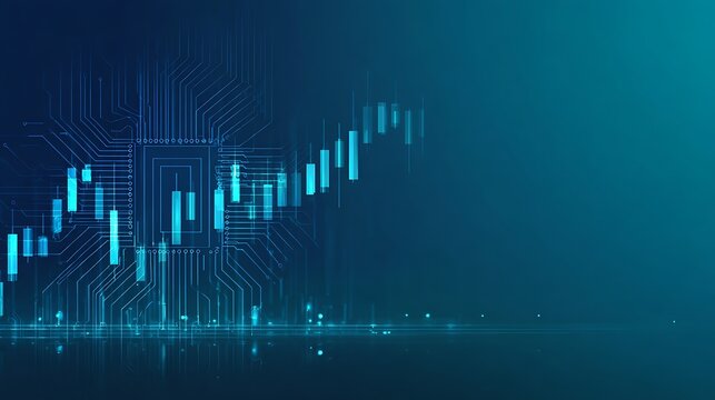 Trade AI concept. AI chip, abstract digital stock market japanese candlesticks in blue on technology background. Finance and investment tech bg. Forex with artificial intelligence innovation. Vector 
