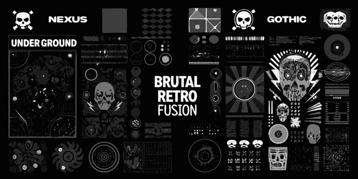 Brutal retro fusion graphic elements collection with skulls nexus underground gothic textures and patterns