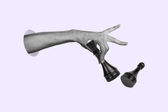 Composite poster banner 3d collage photo of human hand hold queen chess figure board game tactics rival competition logic battle