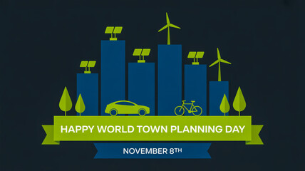 Happy world town planning day illustration with renewable energy sources