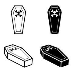 Coffin icon set. A minimalist illustration featuring a black and white coffin with a skull and crossbones, ideal for conveying themes of death, gothic aesthetics, or Halloween.