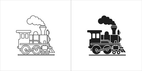 Naklejka premium Outline and solid black silhouette of a vintage steam locomotive train
