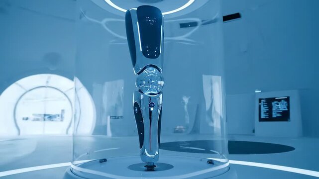 Futuristic chrome technology object displayed within a sleek glass cylinder in a modern museum exhibit