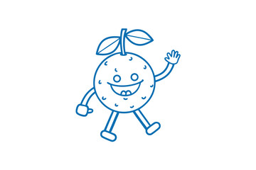 Line art shows happy tangerine character walking and waving its hand cheerfully