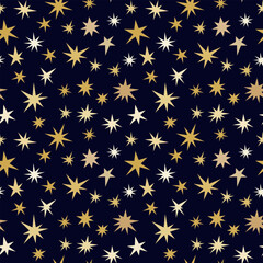 Festive seamless background with golden stars on a dark background, vector illustration, flat design. Cosmic bright sparkling sparks. Pattern template for fabric, wrapping paper, wallpaper, design