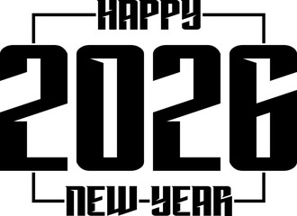 Modern framed Happy New Year 2026 logo. Bold typography design for posters and banners.