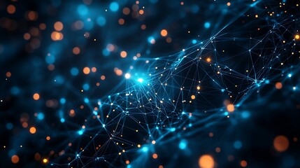 Fototapeta premium Abstract network with blue lines and orange bokeh lights in a dark blue background design concept