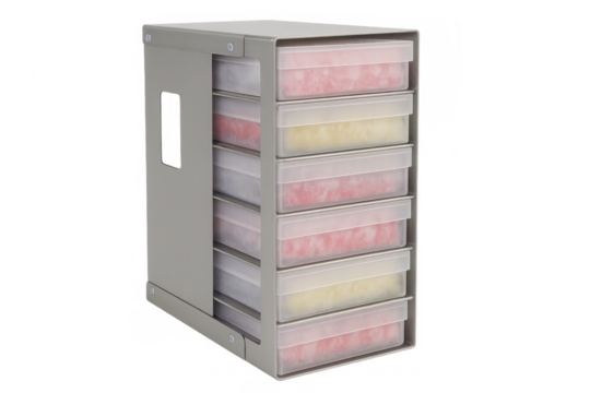 Laboratory freezer rack holding multiple sample boxes