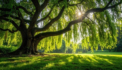 Fototapeta premium Lush Green Meadow Bathed in Golden Sunlight With Large Ancient Tree Casting Long Shadows on a Clear Day