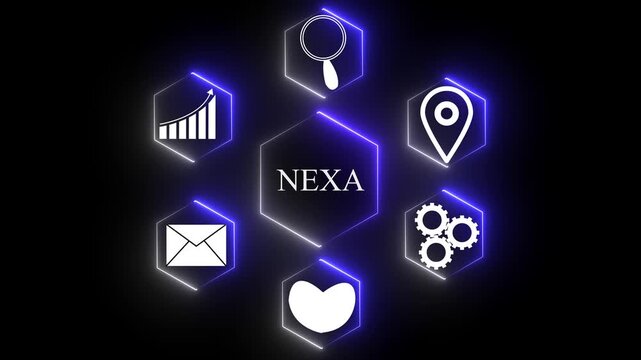 Hexagonal Network of Business Icons with Central NEXA Logo and Neon Glow technology connection
