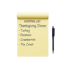Thanksgiving dinner shopping list handwritten on notepad paper, detailing 'Turkey', 'Potatoes', 'Cranberries', 'Pie Crust', with a pen. Ideal for holiday meal planning, grocery ads,