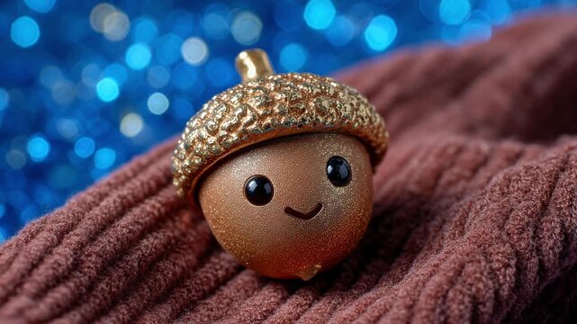 Cute golden acorn on brown corduroy, blue holiday bokeh. A product shot using rich corduroy fabric and dreamy bokeh.