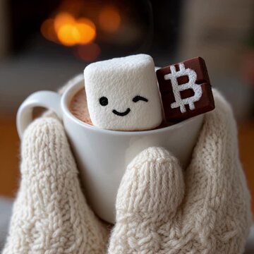 Hot cocoa with winking cute marshmallow, holding chocolate Bitcoin. Combine cozy winter themes (hot cocoa, mittens) with cryptocurrency (Bitcoin).