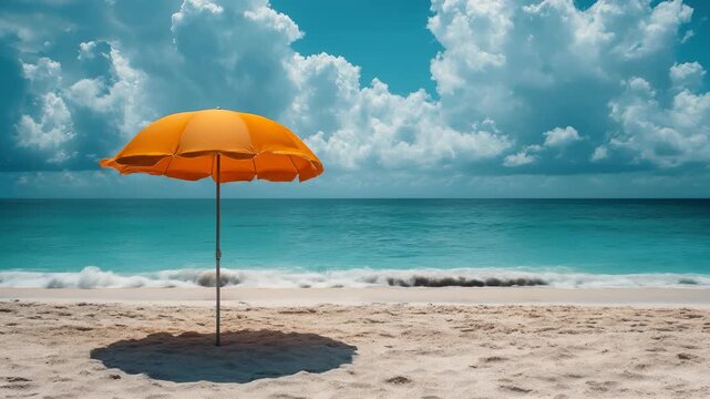 Orange Beach Umbrella Stands on Sandy Beach With Turquoise Sea and Cloudy Sky