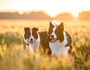 Two black and white dogs posing in a sunlit wheat field