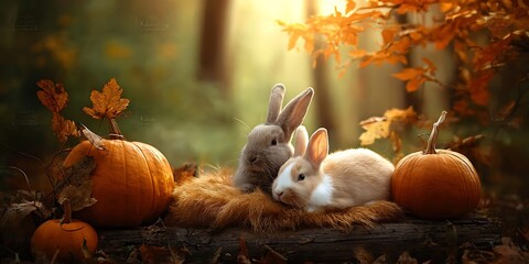 Bunnies relax among pumpkins in a serene autumn forest setting during golden hour Newborn backdrop.