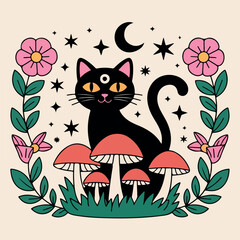 Cute cat with flowers and butterfly in a colorful floral nature illustration