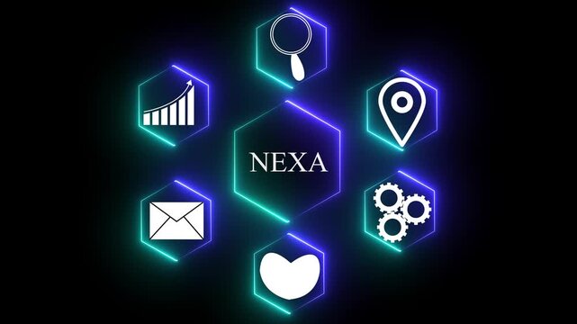 Hexagonal Network of Business Icons with Central NEXA Logo and Neon Glow technology connection