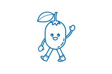 Friendly fruit cartoon character with cute smile walks and waves in outline style
