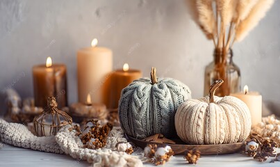 Autumn table decoration. Interior decor for fall holidays with handmade pumpkins and candles. Holiday greeting card.