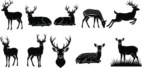 Deer silhouette vector set, black and white wildlife illustrations, antlered and fawn poses, forest animal clipart, grazing, sitting, leaping design