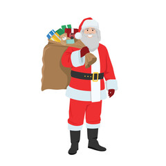 Santa Claus Carrying a Bag Full of Gifts. Flat vector illustration isolated on white background