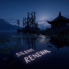 Night scene of pagoda and lake with sparkling text silent renewal