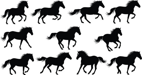 Horse silhouette vector, galloping poses, black running horses, dynamic motion icons, equine illustration for design, anatomy, education, farm, and animal content