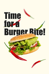Pop 3d sketch image collage of unhealthy cheeseburger white bread leaves cheese ingredient fast food time for burger bite hot pepper