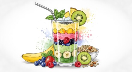 Vibrant watercolor illustration of a layered fruit smoothie with fresh berries and kiwi.