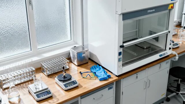 Modern laboratory workbench with scientific equipment. Precision scales, glassware, and a fume hood ready for an experiment in a research facility. High angle panning shot.